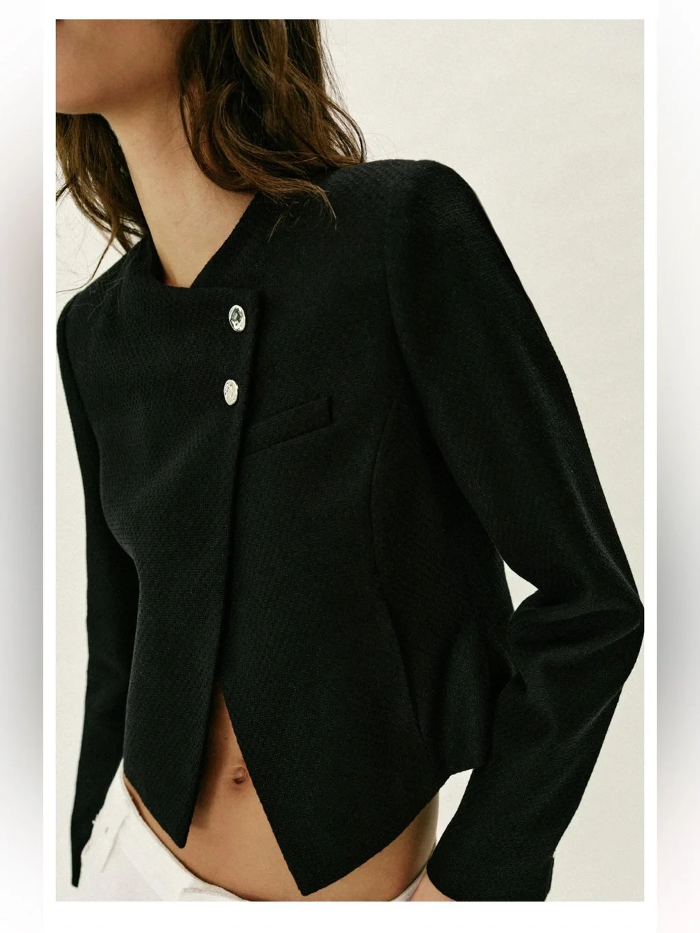 Zara Classic Black Cropped Jacket with Pearl Buttons